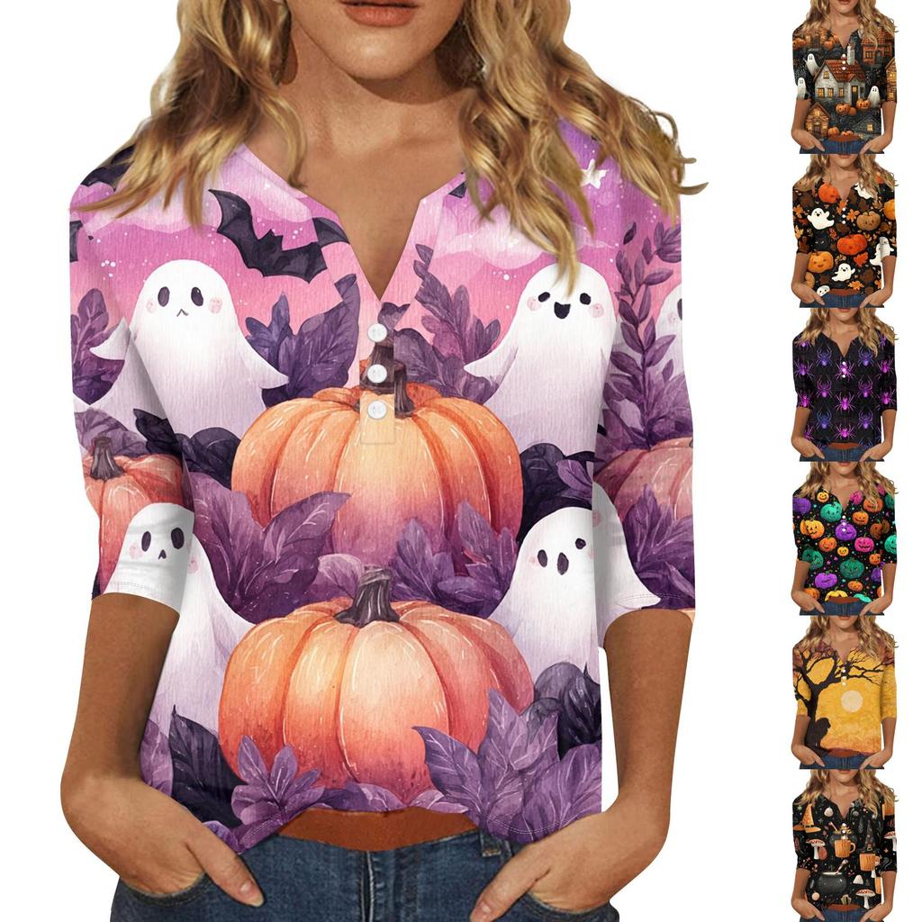 Women's Halloween Printed V-Neck Short Sleeve Tunic with Button and 3/4 Sleeves for Casual Fall Wear