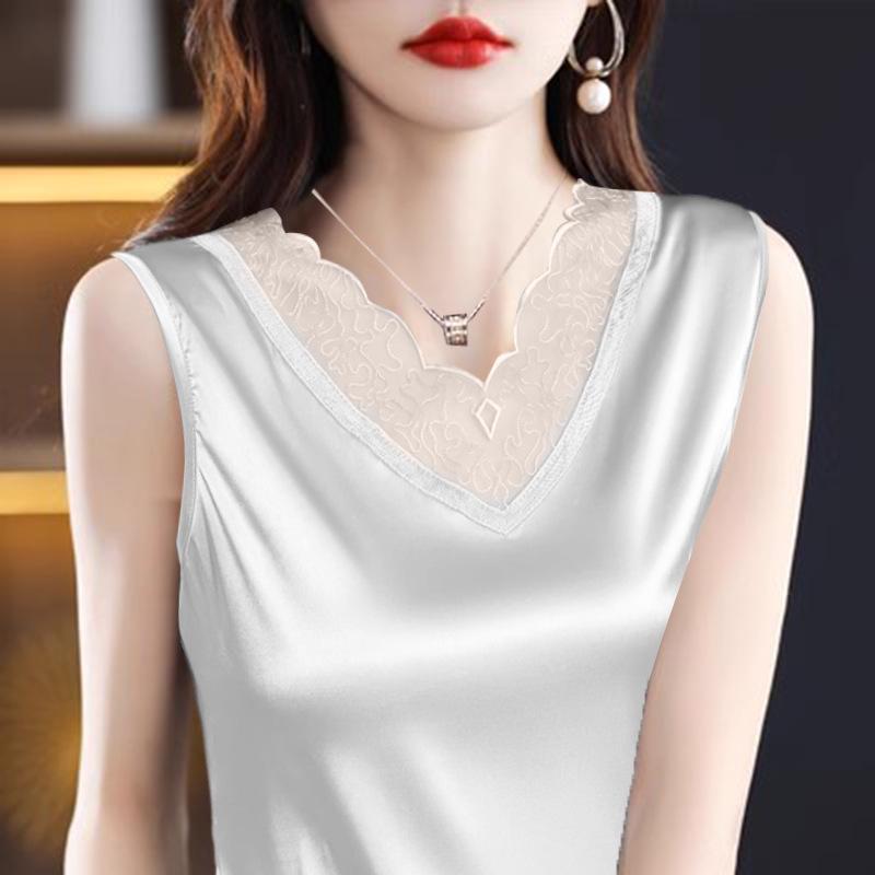 

Женская кружевная атласная майка: Топ-майка без рукавов из искусственного шелка на лето 4XL белый