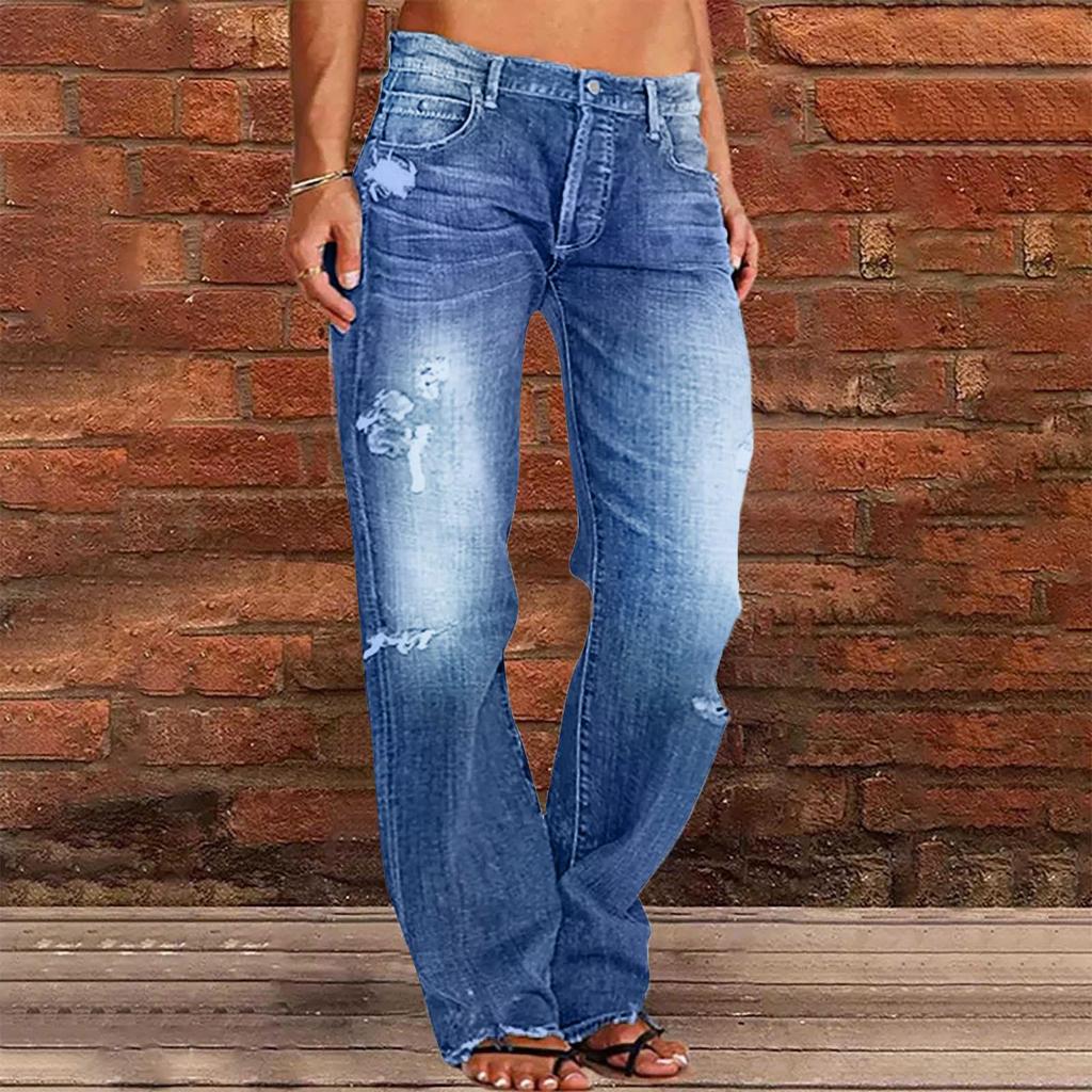Kadın Yüksek Bel Düz Bol Dantelli Esnek Hafif Moda Kot Pantolon