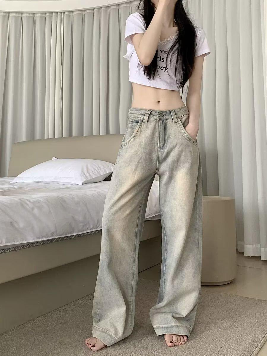 

Женские джинсы осень 2024 года, светлые, с заниженной талией, в стиле ретро, широкие джинсы S жёлтый