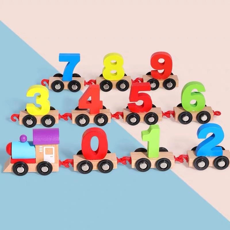 Pull Wooden Along Number Train Toy Kids Early Educational Counting Blocks