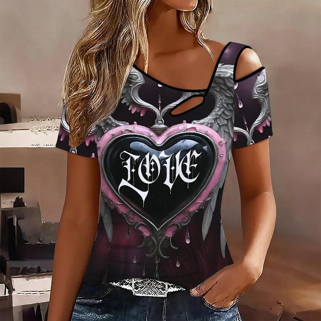 Women Heart-shaped Pattern Print Cold Shoulder Short Sleeve T Shirt Irregular Cutout Neck Casual Summer Blouse Top