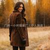 Womens Retro Brown Suede Jacket Loose Fit Mid-Length Casual Coat With Lapel Collar Zipper