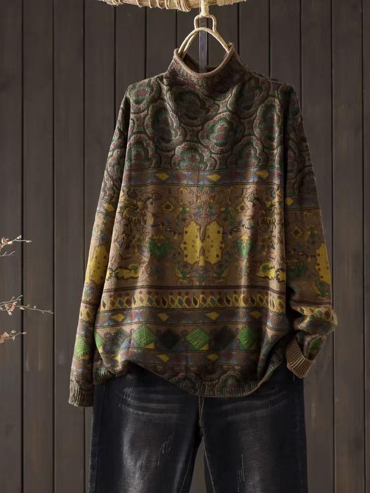 

Johnature Винтажный стиль Принт с воротником-стойкой Свободный повседневный свитер Женский зимний модный свитер с длинными рукавами в китайском стиле One Size кофейный