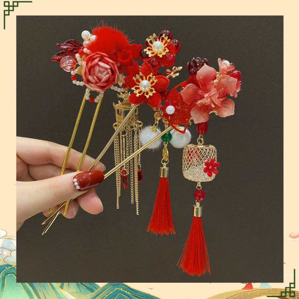 Red Flower Chinese Headwear Classic Hanfu Hairpin Hair Ornaments Pendant Hair Stick Women