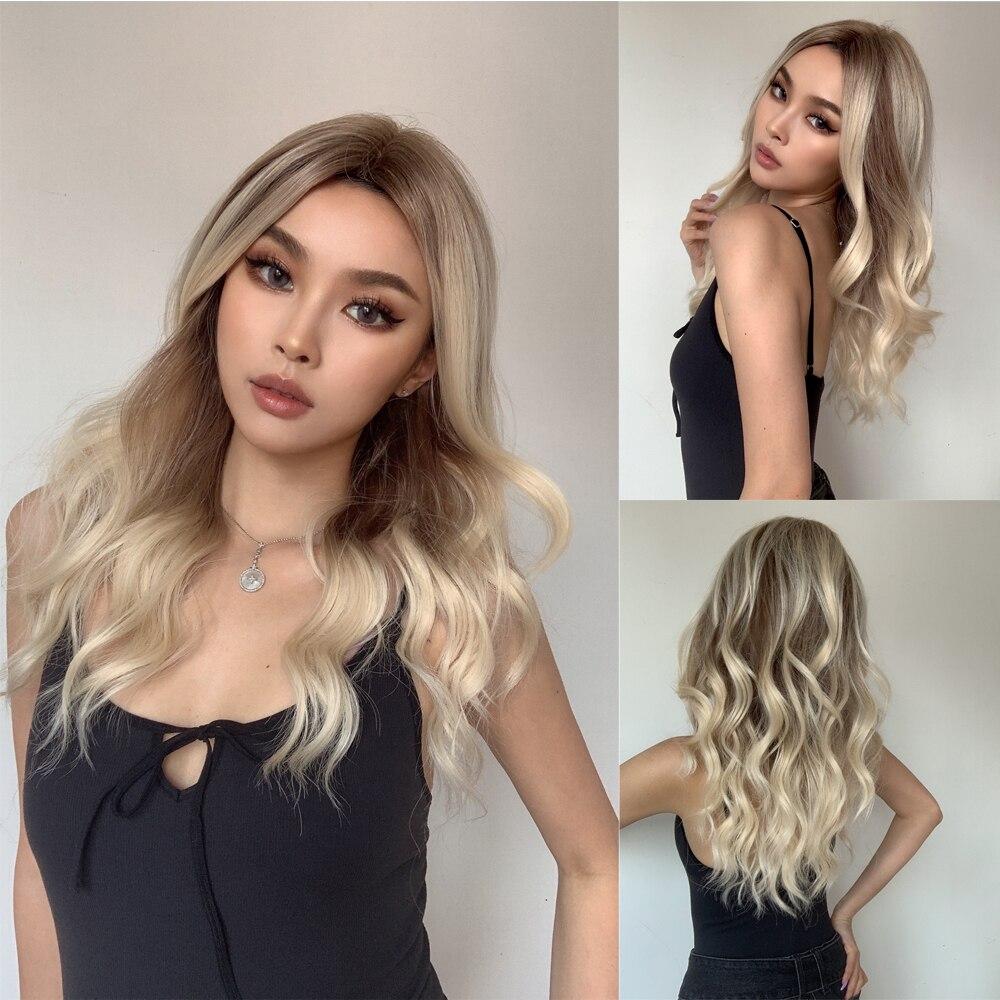Alan Eaton Blonde Brown Ombre Synthetic Lace Front Wigs Long Curly 13x1 Lace Wig Women Natural Daily Fluffy Heat Resistant Fiber