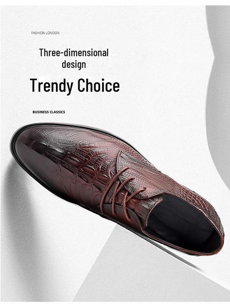 Men's Genuine Cowhide Leather Shoes - British Style, Crocodile Pattern, Pointed, Formal Business Shoes, Brown.