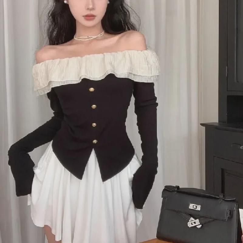 Høst 2024 Fransk Off-Shoulder Rynket Slim Topp for Kvinner