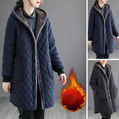 Women Cotton Jacket Hooded Thick Plush Lined Long Sleeves Single-breasted with Side Pockets