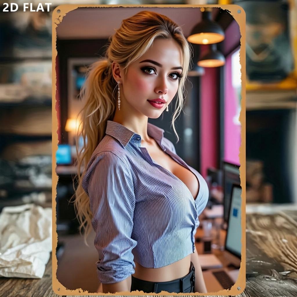 D Vintage Metall Wandkunst Schild Flacheisen Poster mit Eleganter Frau im Hemd Design Wasserdicht Staubdicht für Zuhause Bar Cafe D