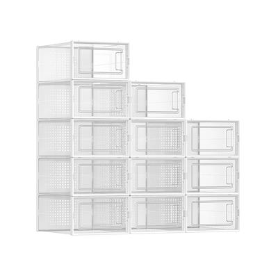 Shoe Boxes, Pack of 12 Stackable Shoe Storage Organisers, Foldable and Versatile for Sneakers, Fit Up To UK Size 10.5, Transparent and White