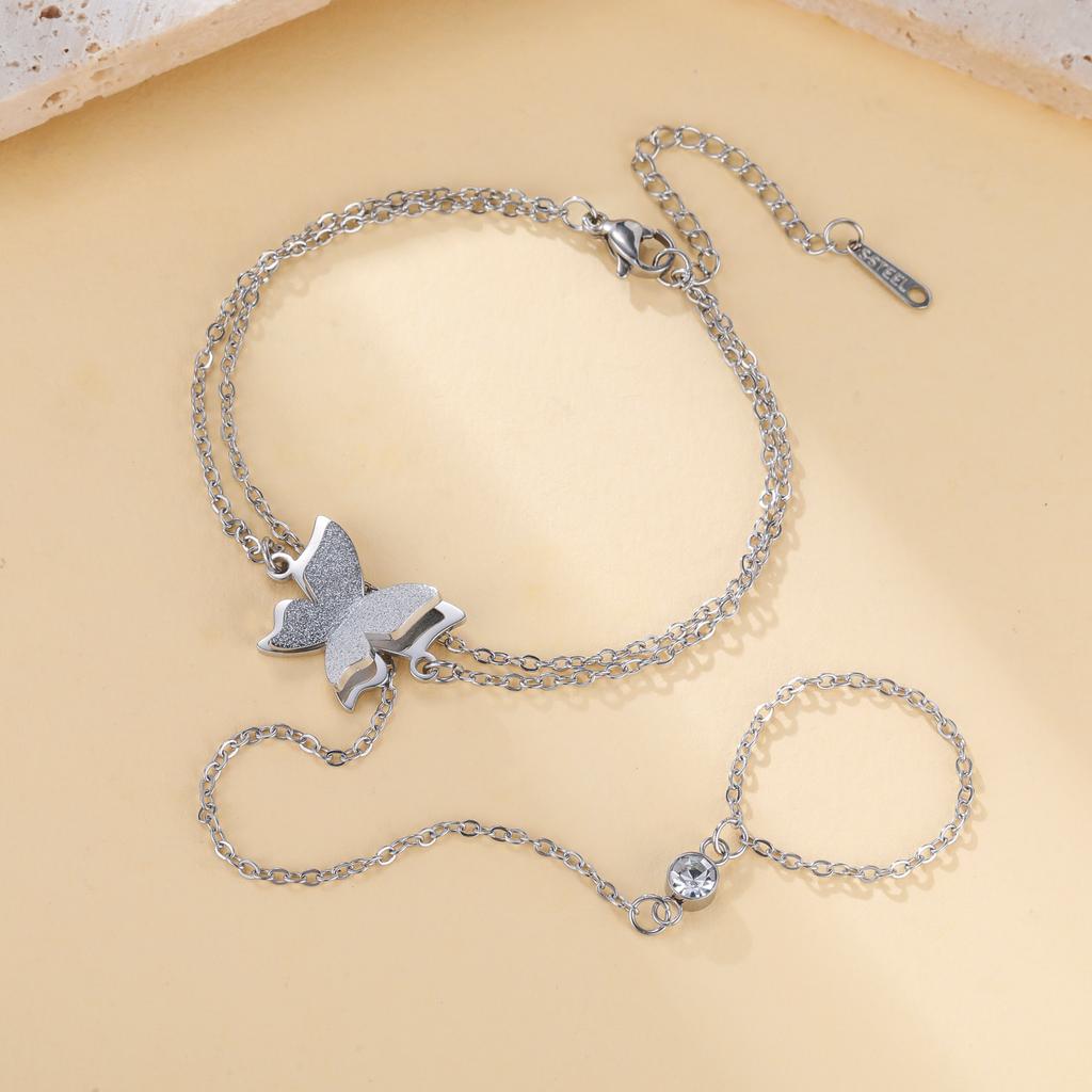 Teamer Butterfly Clear Zircon Finger Chain Bracelet Stainless Steel Romantic Vintage Wedding Jewelry Lucky Gift Wholesale New