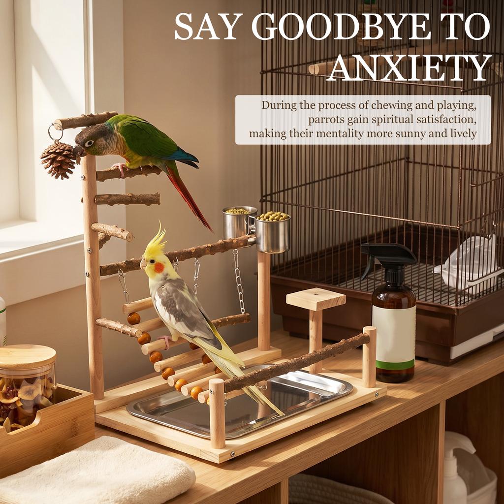 Wooden Parrot Play Stand Multi Level Parrot Playground with Ladder Swing and Feeding Cup Bird Toys Birdcage Accessories for Pet
