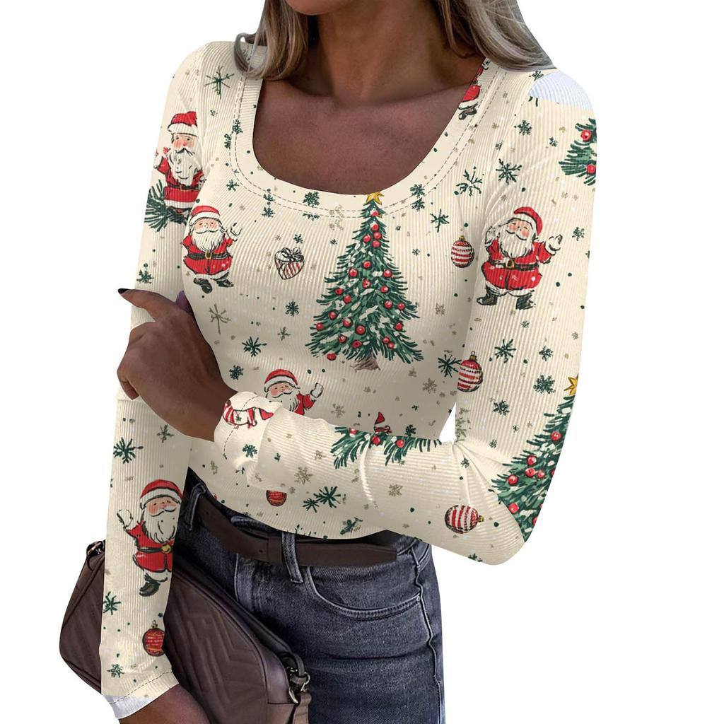 Women's Fashion Slim Bottom Casual Long Sleeve Christmas Printed Pullover U Neck Top