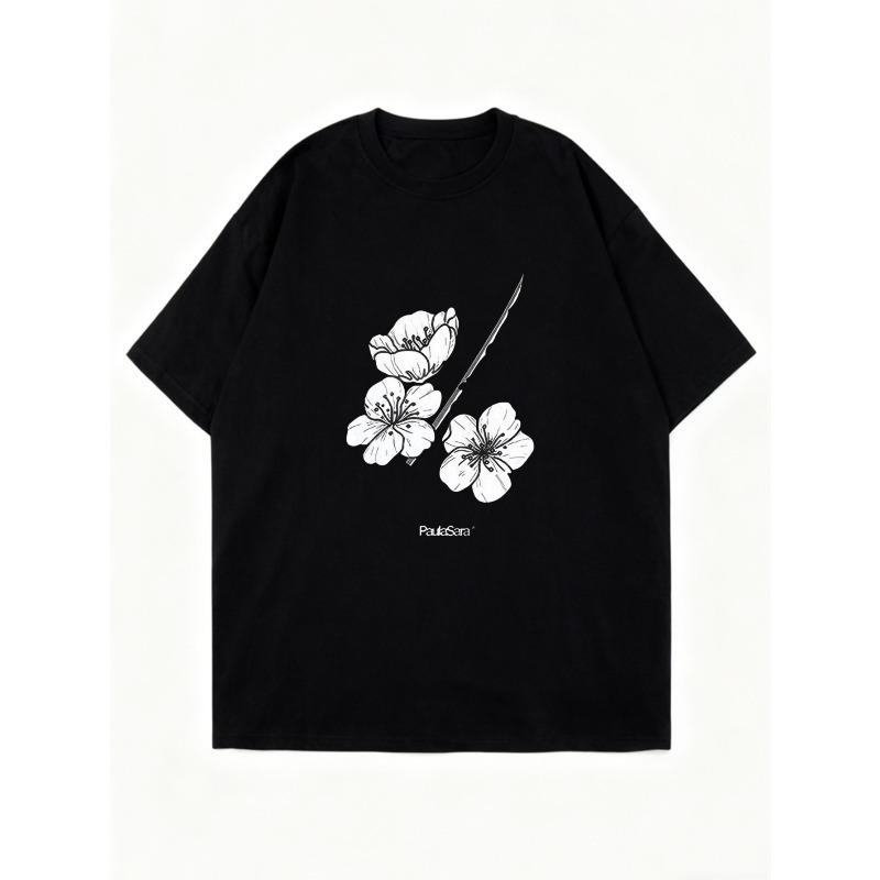 Nadměrné tričko s potiskem černých třešňových květů a textem pro běžné nošení