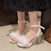 French Popular Open-toed High-heeled Fluffy Shoes Women's 2025 Autumn New Commuter Niche Pearl Fashion Crystal Heel Sandals
