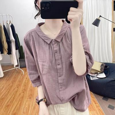 Summer Loose Three-quarter Sleeve Shirt Women's Casual Loose Solid Color Age-reducing Tops Retro Lapel Sunscreen Shirt