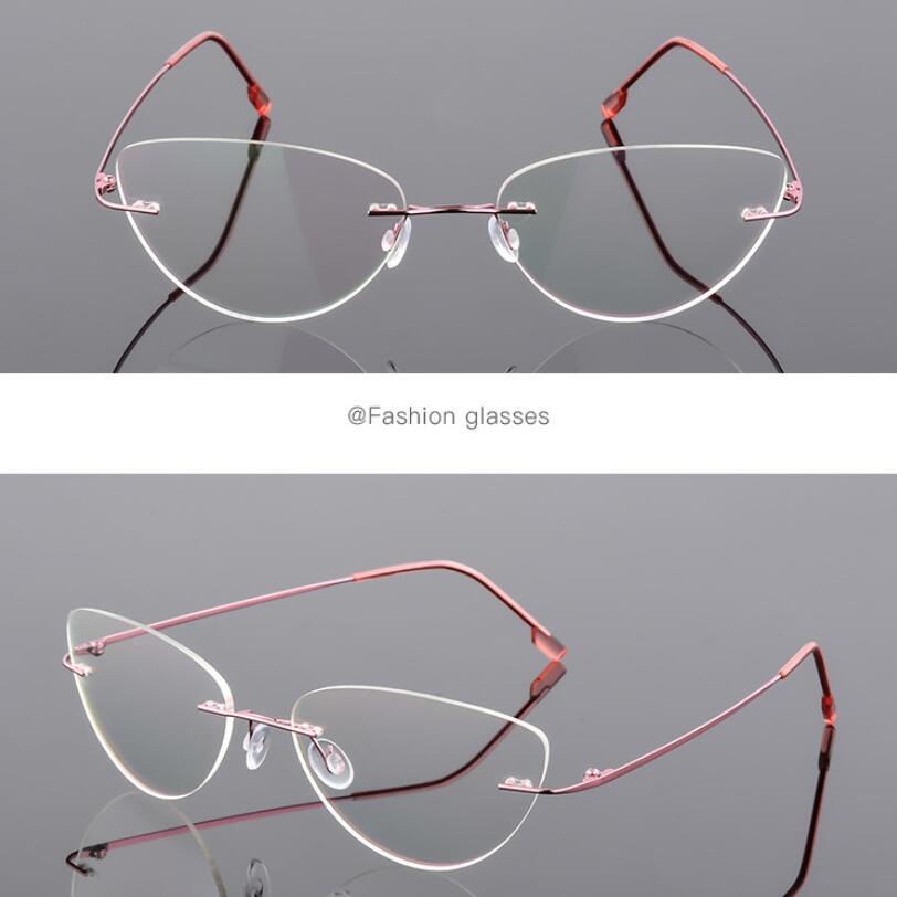 1.61 index Lens Frameless Cat Eye Myopia Eyeglasses Ultralight Rimless Blue Light Blocking Prescription Glasses -0.5 -0.75 to -6