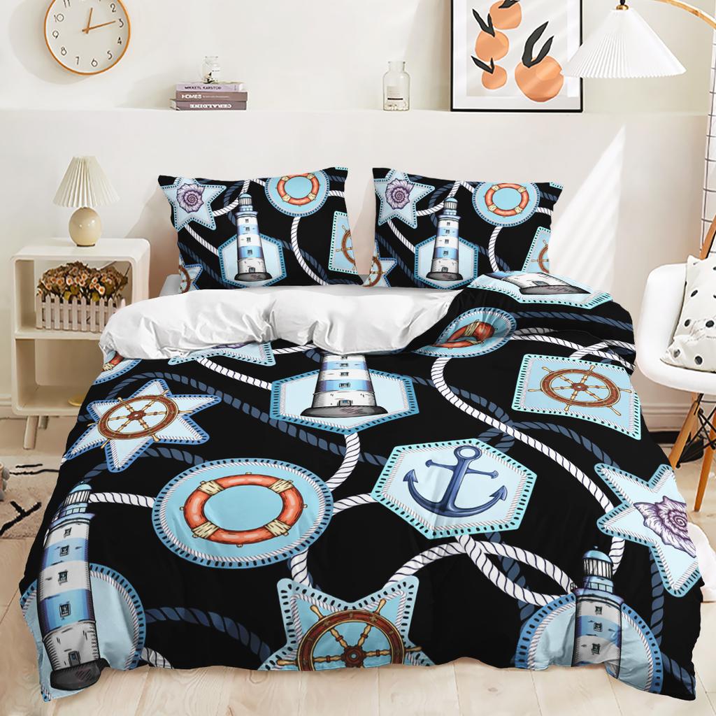 Ship Lighthouse Car 3D Digital Printing Pattern Duvet Cover Pillowcase Bedroom Bedding Three-piece Set