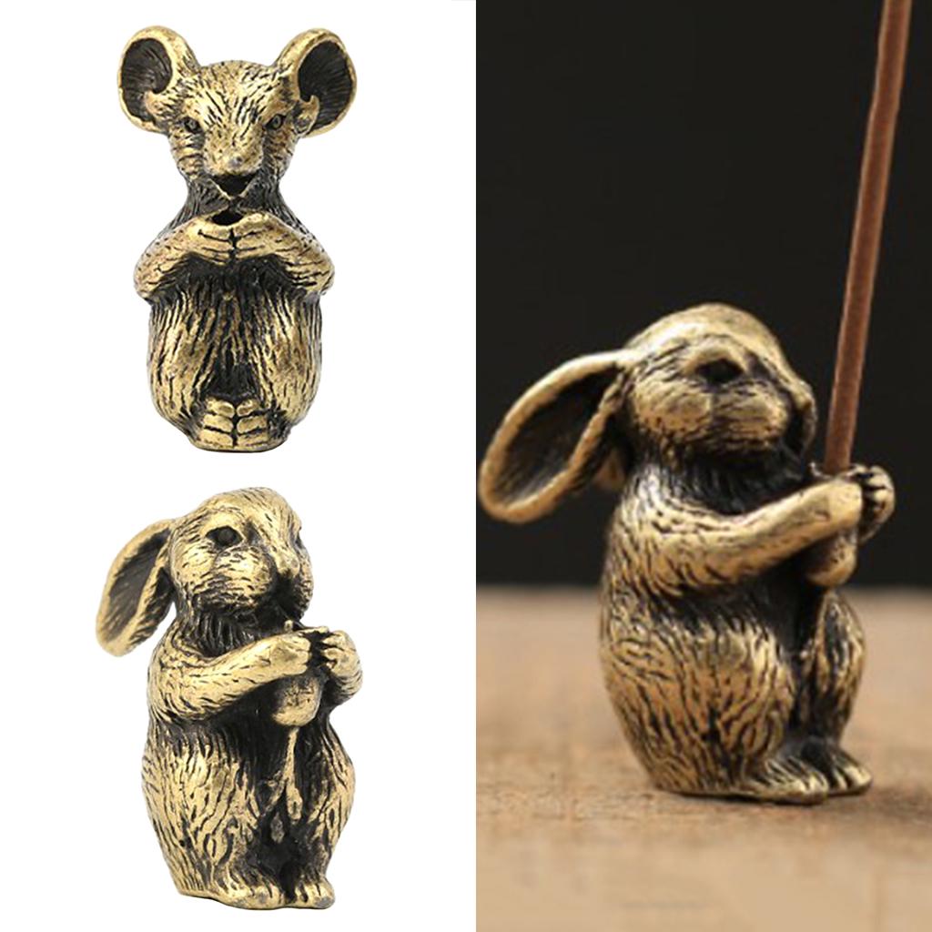 2pcs Brass Chinese Zodiac Animal Figurine Incense Holder Burner Rabbit
