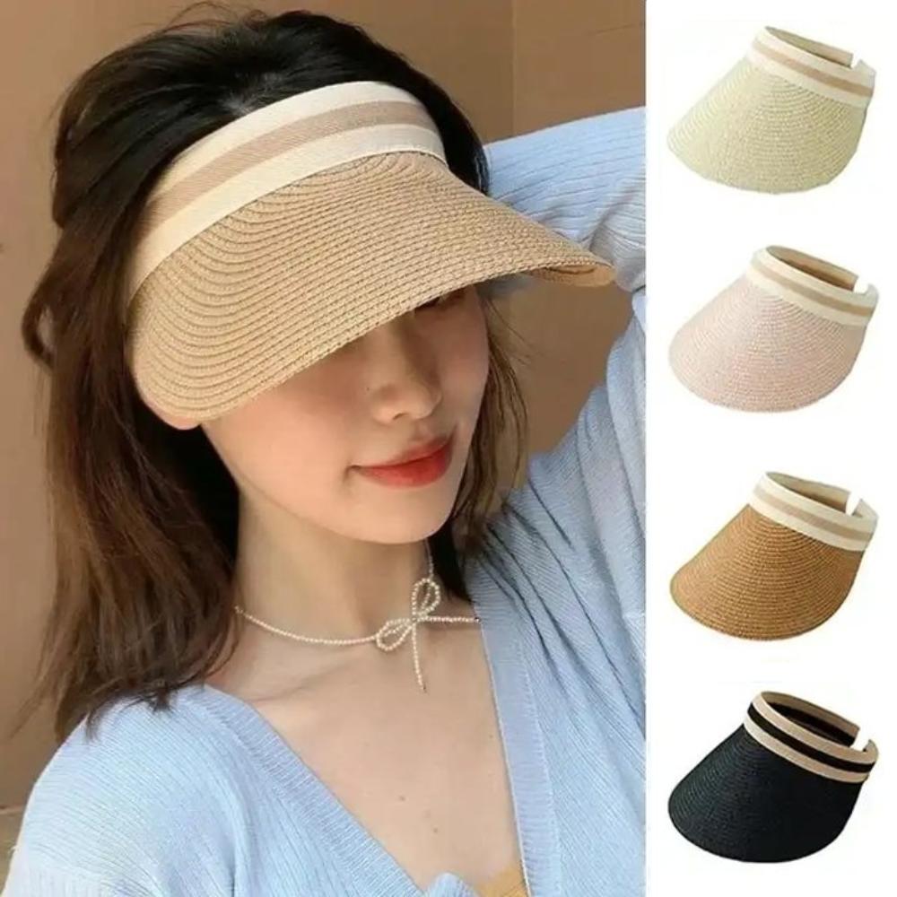 Large Brim Seaside Hollow Hat Adjustable Summer Sun Cap Fashion Lafite Straw Visor Cap Street