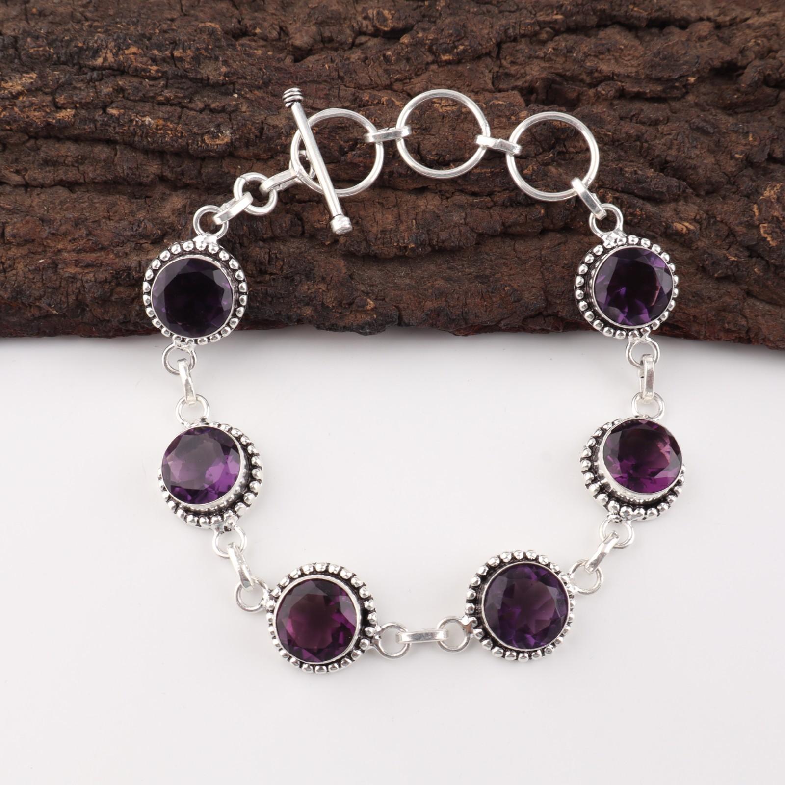 

Аметист Драгоценный камень 925 Стерлинговое серебро Ювелирные изделия ручной работы Регулируемый браслет 7-9 RB-17-5