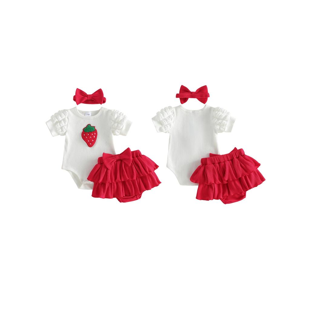 Baby Girls Shorts Set Short Sleeve Embroidery Strawberry Romper Elastic Waist Shorts with Hairband Summer Outfit