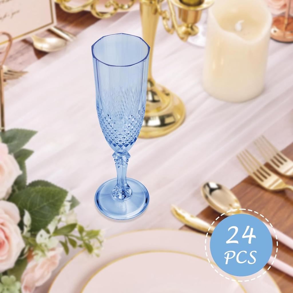 24 Pcs Blue Plastic Champagne Flutes for Weddings, Parties & Everyday Use