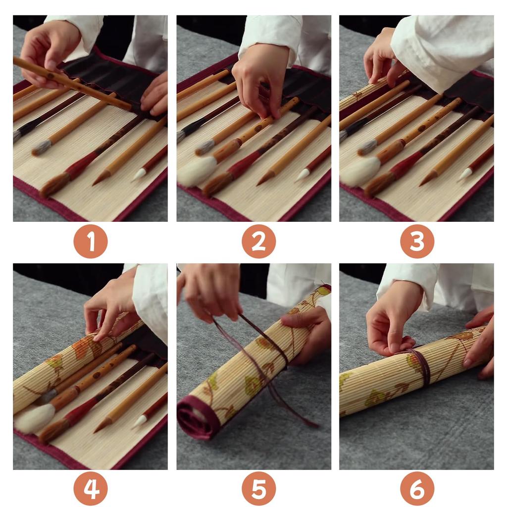 Doyime Brush Spools Calligraphy Brush Case with Thin Bamboo Leather Brush Bamboo Floral Easy Storage and Handwoven Brush for Elementary School Adults