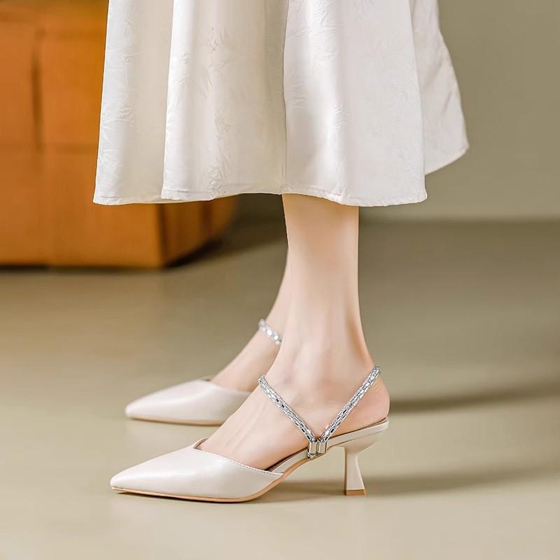 Baotou semi-slippers summer new high-heeled cool slippers pointed rhinestone shoes thick-heeled slippers women's outer wear