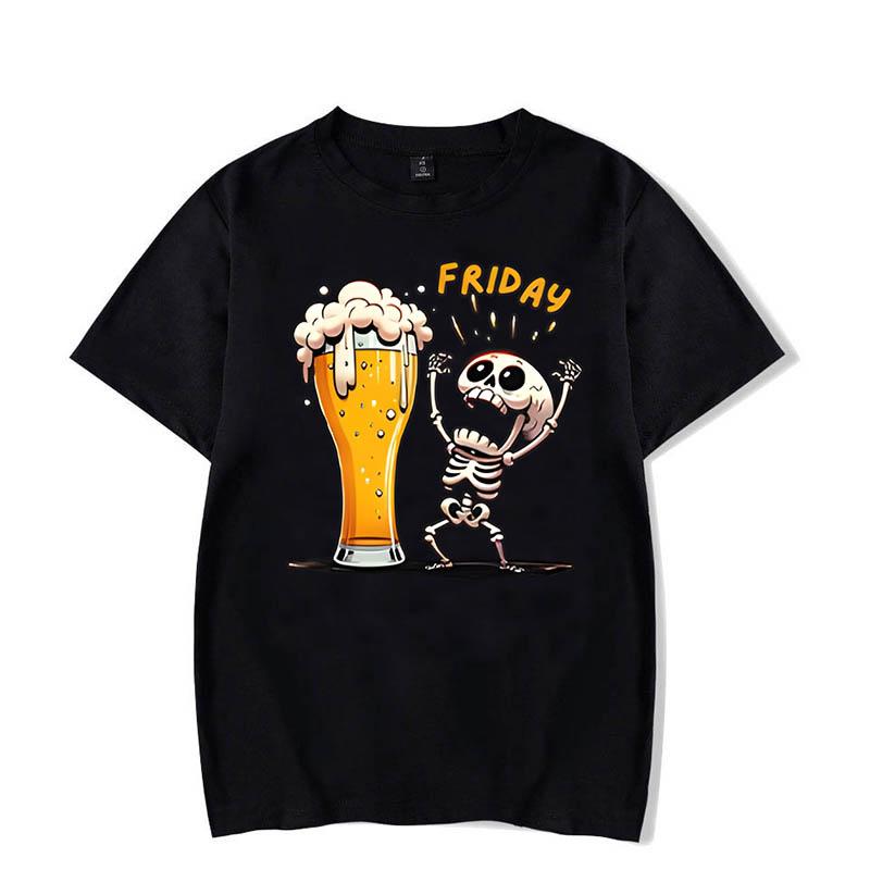 Funny Skeleton Enjoying Friday Beer Day Print TShirt Finally Friday for Drink Lover Tees Gifts Short Sleeve Tops Mens Clothing
