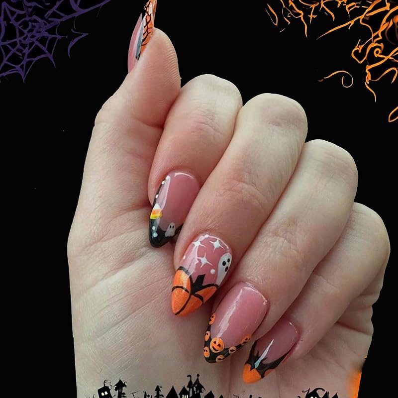 Halloween Press on Nails Medium Almond Fake Nails with Designs Cute Ghost Stick on Nails Rainbow Swirl False Nails Bat Acrylic Nails Cobweb