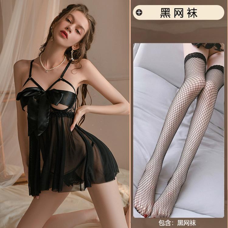 Summer Suspender Nightdress Sexy Pure Desire Wind Transparent Attraction Free Suit Bow Elegant and Comfortable