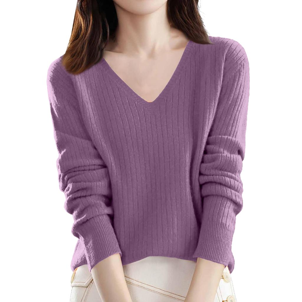 Women's Loose-Fit Knitted Base Layer Sweater V-Neck Pullover Long Sleeves Solid Colour
