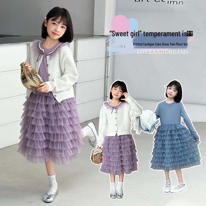 Girls' Spring and Autumn 2025 Korean-Style Knit Sweater & Skirt Set
