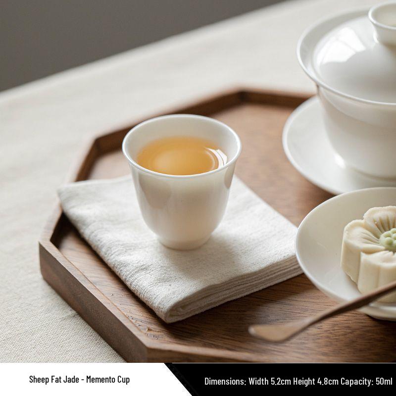 Premium Mutton Fat Jade Ceramic Gongfu Tea Set - Aroma Tasting Cup with Coaster, Customizable for Guests