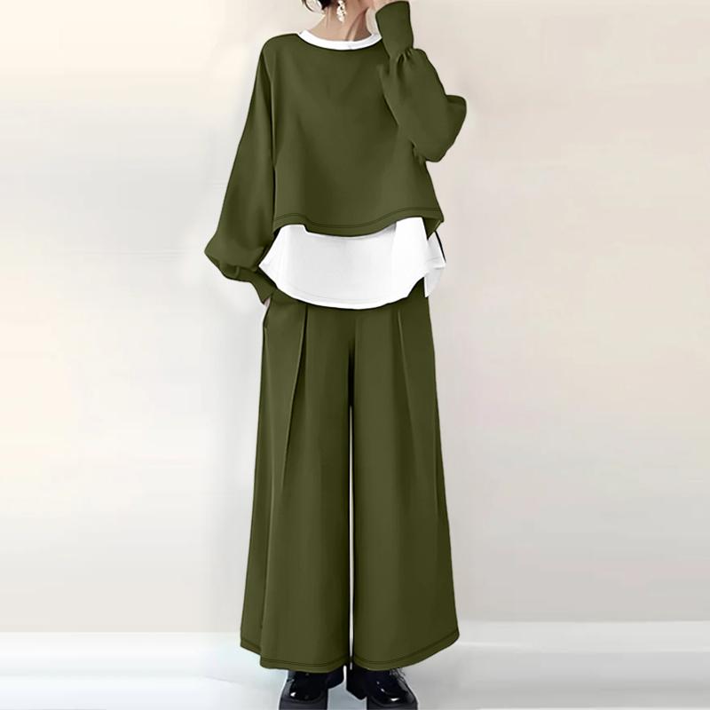ZANZEA Women Casual Long Sleeve Blouse and Wide Leg Pants Two Piece Suit Sets