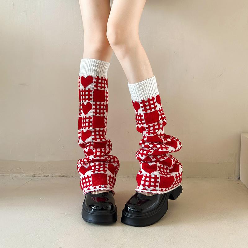 

New Heart Plaid Wide Leg Warmers Korean Autumn Winter Subculture All Match Fashion Leg Sock Soft Comfortable Knitted Leg Warmers One Size червоний