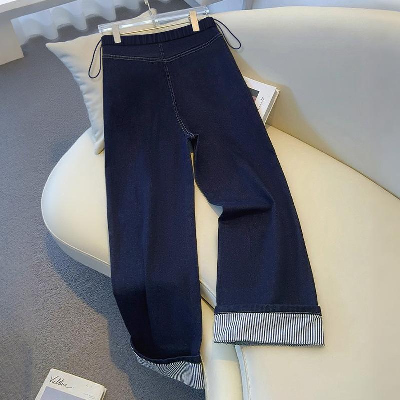 

0 Pregnant women tannin blue jeans nine-point crimped striped wide-leg pants do not fade outside casual straight trousers M