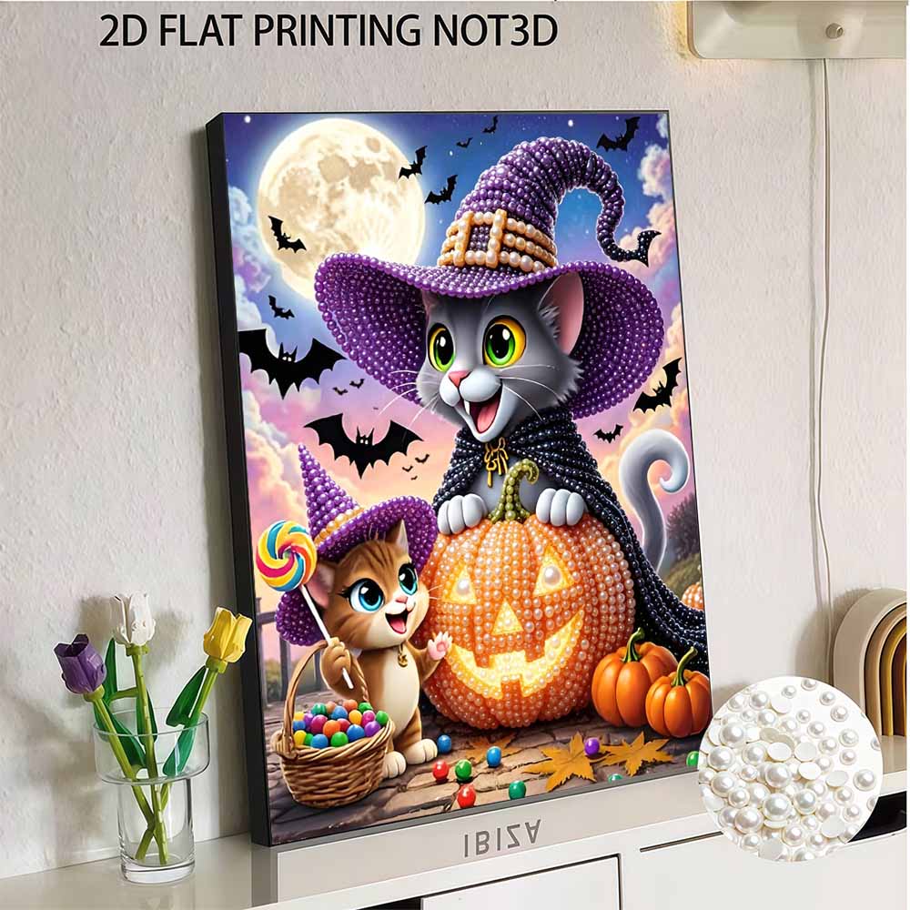 DIY Pearl Bead Art Canvas Cute Cat Halloween Witch Pumpkin Pattern Frameless 3D Painting Kit for Bedroom Living Room Wall Decor