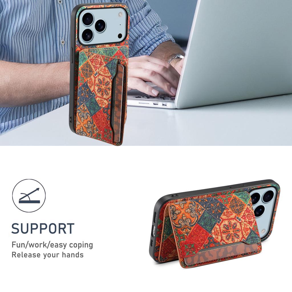 For iPhone 17 Pro Case Flower Print Leather + PC + TPU Cover with Card Holder Kickstand