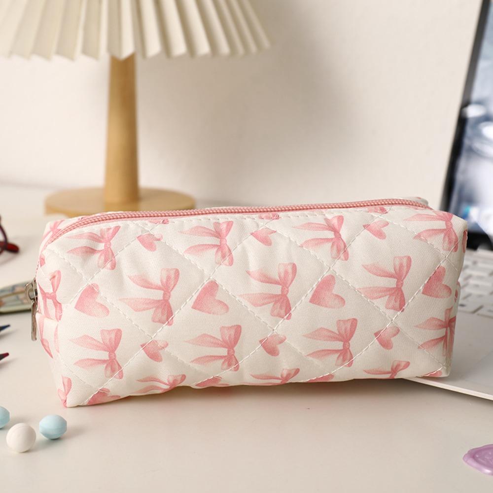 New Bowknot Floral Print Pen Bag Large Capacity Portable Storage Bag Multifunctional Stationery Bag School Office