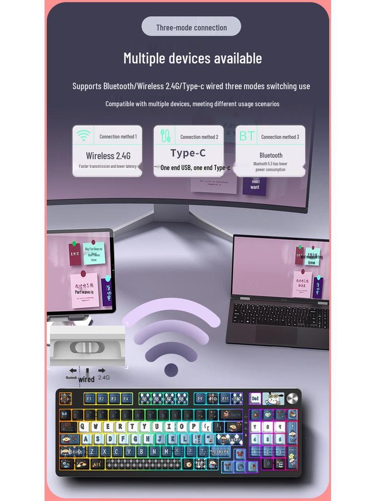 98-Tasten Kabellose Bluetooth Tri-Mode Mechanische Tastatur mit Blauen, Schwarzen, Braunen, Roten Schaltern - RGB für Gaming, Büro, Esports, Mädchen.