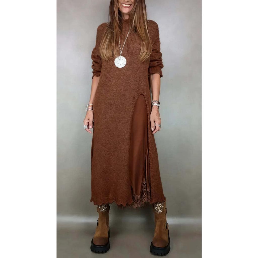 Women's Long Sleeve Knit Cardigan Two Piece Outfit V Neck Lace Trim Spaghetti Strap Midi Dress Set Solid Color Fall Elegant Casual Outfit
