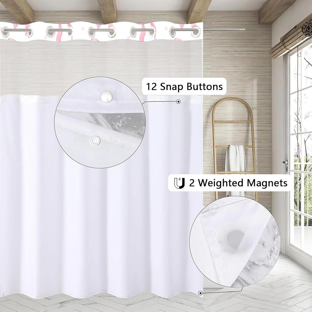 No Hook Pink Bow Shower Curtain and Liner Set Cute Shower Curtain with Snap in Liner Fabric Bathroom Curtain with Liner Set Double Layers Waterproof