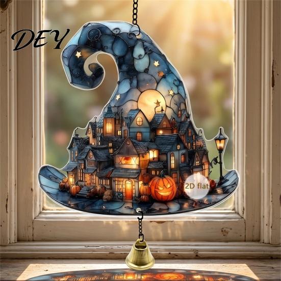 Acrylic Decoration with Bell Halloween 2D Chain, Bell, Stained Glass Ghost Bat Pumpkin Suncatcher Decor Decor, Window Wall Hanging Ornament