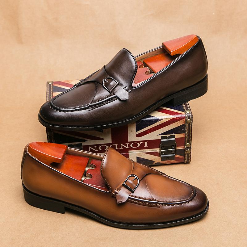 New Men Dress Shoes Loafers Brown Square Toe Slip-On Business Wedding Mens Shoes  Handmade