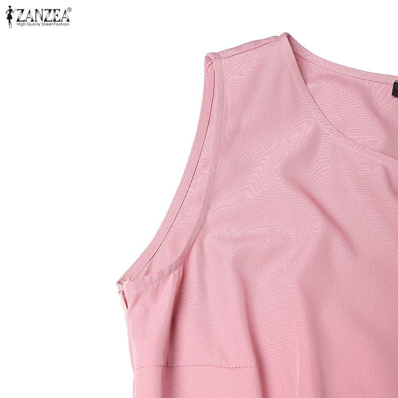 ZANZEA Damen Freizeit Rundhals Sommer Ärmellos Elegant Langes Kleid