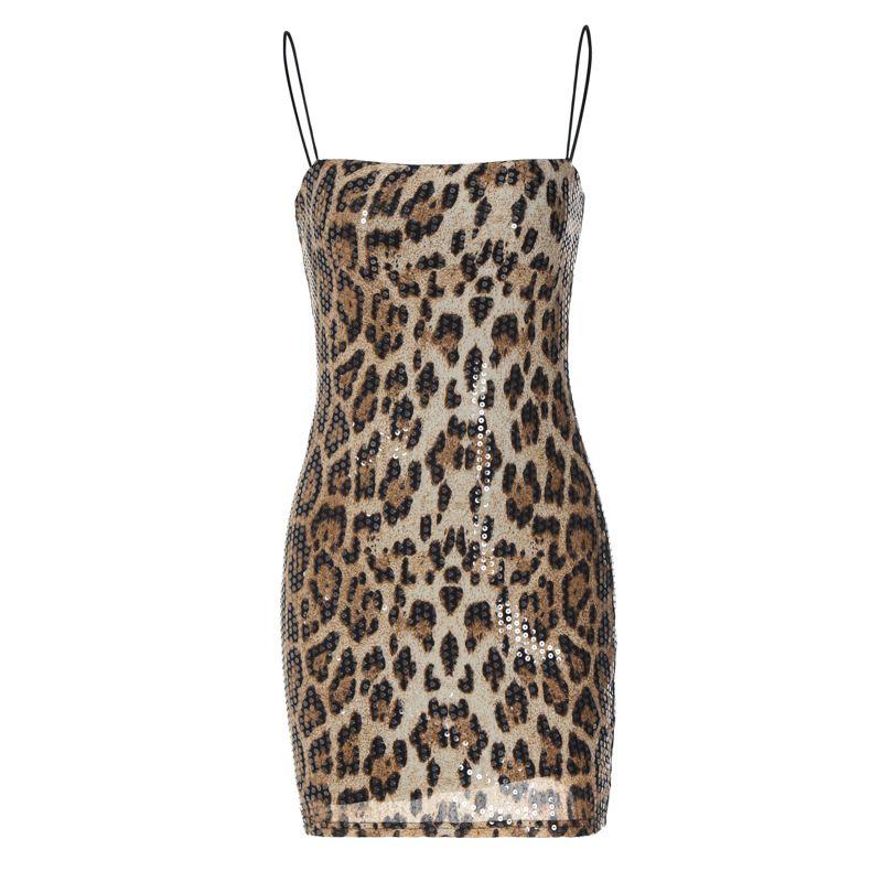 

European and American Sexy Sexy Night Club Style Leopard Print Printed Tape Sequin Design Sling Bodycon Dress Slim Fit Dress Women Leopard print S