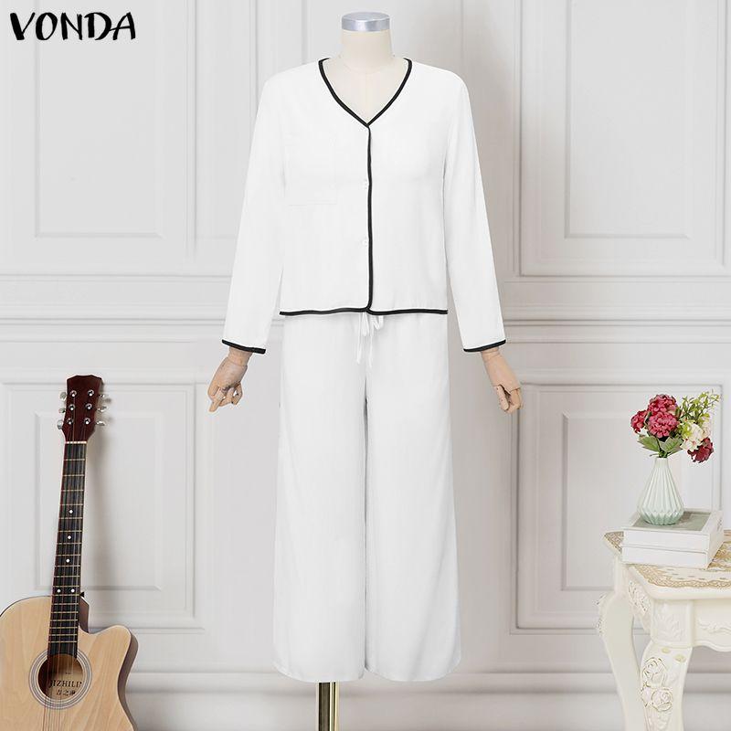 VONDA 2PCS Women Casual Long Sleeve Blouse and Pants Stitching Two Piece Suit Sets